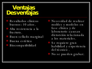 Ventajas  Desventajas Resultados clínicos buenos: 10 años. Alta resistencia a la fractura. Buen sellado marginal Buena estética Biocompatibilidad Necesidad de realizar moldes y modelos en fase clínica y de laboratorio :causan distorsión relacionada a los materiales. Se requiere gran habilidad y experiencia del técnico . No se pueden grabar. 