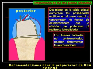 posterior Recomendaciones para la preparación de UNA CORONA Importancia de los dos planos oclusales Dos planos en la tabla oclusal aumentan las posibilidades estéticas en el surco central y contrarrestan las fuerzas de desplazamiento que se efectúan en posteriores al realizarse lateralidades Las fuerzas laterales no contrarrestadas, podrían descementar las restauraciones 