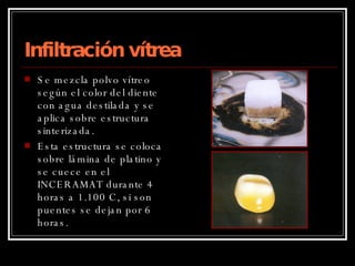 Infiltración vítrea Se mezcla polvo vítreo según el color del diente con agua destilada y se aplica sobre estructura sinterizada. Esta estructura se coloca sobre lámina de platino y se cuece en el INCERAMAT durante 4 horas a 1.100 C, si son puentes se dejan por 6 horas. 