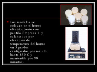 Los modelos se colocan en el horno eléctrico junto con pastilla Empress 1  y calentados por elevación de temperatura del horno en 3 grados centígrados por minuto hasta 850 C y mantenida por 90 minutos. 