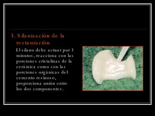 3. Silanización de la restauración El silano debe actuar por 3 minutos, reacciona con las porciones cristalinas de la cerámica como con las porciones orgánicas del cemento resinoso, proporciona unión entre los dos componentes. 