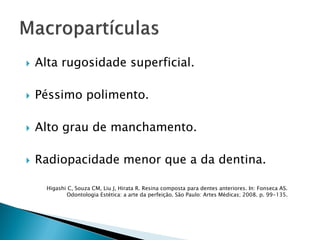    Alta rugosidade superficial.

   Péssimo polimento.

   Alto grau de manchamento.

   Radiopacidade menor que a da dentina.

      Higashi C, Souza CM, Liu J, Hirata R. Resina composta para dentes anteriores. In: Fonseca AS.
             Odontologia Estética: a arte da perfeição. São Paulo: Artes Médicas; 2008. p. 99-135.
 