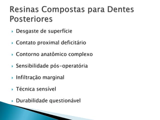    Desgaste de superfície

   Contato proximal deficitário

   Contorno anatômico complexo

   Sensibilidade pós-operatória

   Infiltração marginal

   Técnica sensível

   Durabilidade questionável
 
