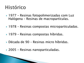    1977 – Resinas fotopolimerizadas com Luz
    Halógena – Resinas de macropartículas.

   1978 – Resinas compostas microparticuladas.

   1979 – Resinas compostas híbridas.

   Década de 90 – Resinas micro híbridas.

   2005 – Resinas nanoparticuladas.
 