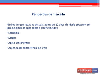 Perspectiva de mercado
•Estima-se que todas as pessoas acima de 10 anos de idade possuem em
casa pelo menos duas peças a serem tingidas;
• Economia;
• Moda;
• Apelo sentimental;
• Ausência de concorrência de nível.
 