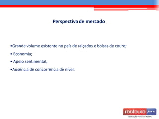 Perspectiva de mercado
•Grande volume existente no país de calçados e bolsas de couro;
• Economia;
• Apelo sentimental;
•Ausência de concorrência de nível.
 