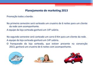 Promoção todos a bordo:
No primeiro semestre será sorteado um cruzeiro de 6 noites para um cliente
da rede com acompanhante.
A equipe da loja sorteada ganhará um 14º salário.
No segundo semestre será sorteado um carro 0 Km para um cliente da rede.
A equipe da loja sorteada ganhará um 14º salário.
O franqueado da loja sorteada, que estiver presente na convenção
2013, ganhará um cruzeiro de 6 noites com acompanhante.
Planejamento de marketing 2013
 