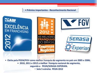 • Prêmios importantes - Reconhecimento Nacional
• Eleita pela PEGN/FGV como melhor franquia do segmento no país em 2005 e 2006;
• 2010, 2011 e 2012 a melhor franquia nacional do segmento,
segundo a PEGN/SERASA EXPERIAN.
• Selo 5 estrelas PEGN 2012
 