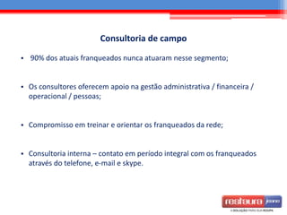 Consultoria de campo
• 90% dos atuais franqueados nunca atuaram nesse segmento;
• Os consultores oferecem apoio na gestão administrativa / financeira /
operacional / pessoas;
• Compromisso em treinar e orientar os franqueados da rede;
• Consultoria interna – contato em período integral com os franqueados
através do telefone, e-mail e skype.
 