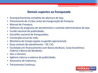 Demais suportes ao franqueado
• Acompanhamento completo da abertura de loja;
• Treinamento de 13 dias antes da inauguração da franquia;
• Manual de Franquia;
• Software de programa de atendimento e controle administrativo de loja;
• Fundo nacional de publicidade;
• Conselho nacional de franqueados;
• Convenção anual da rede;
• Monitoria de Campo (apoio na gestão operacional);
• Duas centrais de atendimento – SP / SC;
• Facilidade em financiamento com Banco do Brasil, Caixa Econômica
Federal e Banco do Nordeste;
• Site e Intranet;
• Agência interna e externa de publicidade;
• Assessoria de imprensa;
• Treinamento Contínuo;
 