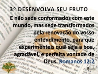 3º DESENVOLVA SEU FRUTO
E não sede conformados com este
mundo, mas sede transformados
pela renovação do vosso
entendimento, para que
experimenteis qual seja a boa,
agradável, e perfeita vontade de
Deus. Romanos 12:2
 