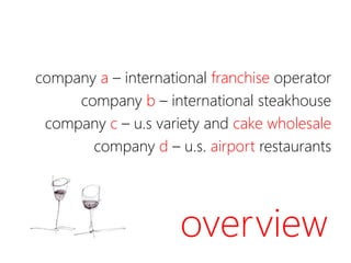 overview
company a – international franchise operator
company b – international steakhouse
company c – u.s variety and cake wholesale
company d – u.s. airport restaurants
 