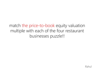 match the price-to-book equity valuation
multiple with each of the four restaurant
businesses puzzle!!
Rahul
 