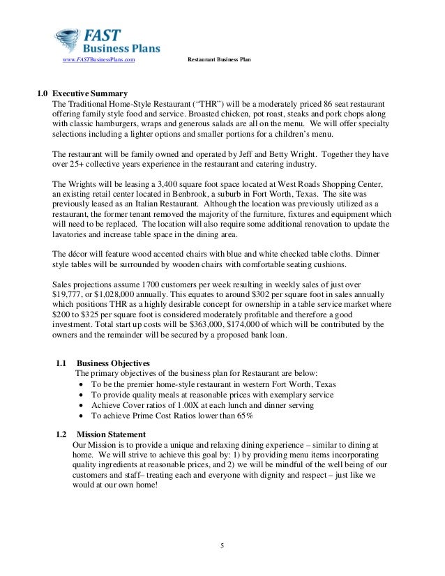 Restaurant Business Plan Fast Business Plans