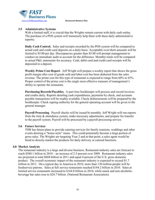 www.FASTBusinessPlans.com

3.5

Restaurant Business Plan

Administrative Systems
With a limited staff, it is crucial that the Wrights remain current with daily cash outlay.
The purchase of a POS system will immensely help them with these daily administrative
reports:
Daily Cash Control. Sales and receipts recorded by the POS system will be compared to
actual cash and credit card deposits on a daily basis. Acceptable over/short amounts will be
limited to $5.00 per day. Discrepancies greater than $5.00 will prompt management to
conduct an immediate audit to account for the difference. Monthly totals will be compared
to actual P&L statements for accuracy. Cash, debit card and credit card receipts will be
deposited in a deposit.
Weekly Prime Cost Report. Jeff Wright will prepare a weekly report that shows the gross
profit margin after cost of goods sold and labor cost has been deducted from the sales
revenue. The prime cost for this type of restaurant is expected to range from 60% to 65%.
Proper control of the prime cost is the single most effective measure of management’s
ability to operate the restaurant.
Purchasing Records/Payables. A part time bookkeeper will process and record invoices
and credits daily. Reports detailing cash expenditures, payments by check, and accounts
payable transactions will be readily available. Check disbursements will be prepared by the
bookkeeper. Check signing authority for the general operating account will be given to the
general manager.
Payroll Processing. Payroll checks will be issued bi-monthly. Jeff Wright will run reports
from the time & attendance system, make necessary adjustments, and prepare for transfer
to the payroll system. Payroll will be processed by a payroll processing service.

3.6

Future Services
THR has future plans to provide catering services for family reunions, weddings and other
events desiring a “home-style” menu. This could potentially become a large portion of
gross sales. The Wrights are targeting Year 2 and at that point, a sales agent would be
hired to directly market the products for daily delivery or catered functions.

4.0 Market Analysis
The restaurant industry is a large and diverse business: Restaurant-industry sales are forecast to
reach $580.1 billion in 2010 – an increase of 2.5 percent over 2009. Restaurant-industry sales
are projected to total $604 billion in 2011 and equal 4 percent of the U.S. gross domestic
product. The overall economic impact of the restaurant industry is expected to exceed $1.7
trillion in 2011. On a typical day in America in 2010, more than 130 million people will be
foodservice patrons. Sales at full service restaurants reached $184.2 billion in 2010. Sales at
limited service restaurants increased to $164.8 billion in 2010, while snack and non-alcoholicbeverage bar sales rose to $24.7 billion. (National Restaurant Association).

10

 
