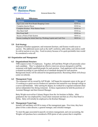 www.FASTBusinessPlans.com

Table 5.8

Restaurant Business Plan

Milestones

Milestone
Sign Lease with West Roads Shopping Center
Complete Interior Decor
Complete Kitchen / Wait Station Needs
Hire Back Staff
Hire Front Staff
Secure a Point of Sale System
Secure Lending for Initial Start-Up, Working Capital and Cash Flow

5.9

Date
02/01/xx
03/01/xx
03/01/xx
03/01/xx
03/01/xx
04/01/xx
04/01/xx

Exit Strategy
Disposal of kitchen equipment, and restaurant furniture, and fixtures would occur at
auction. The additional assets such as the staff’s uniforms, table cloths, and cutlery could
be sold at auction or on e-bay. Food inventory because of its quick perishable time would
be considered a write-off.

6.0 Organization and Management
6.1

Organizational Structure
THR expects to hire 19 employees. Together, Jeff and Betty Wright will personally select
each candidate. They’ve adopted an effective interview process designed to staff the
restaurant with highly qualified people for each position. Each applicant will be rated and
evaluated according to a pre-defined set of standards designed for each position.
Background checks will be utilized for designated positions. Recruiting efforts will always
center on referrals.

6.2

Management Team
The restaurant will be owned by Jeff Wright. Jeff began his restaurant career at the age of
15 working in a quick-service foodservice operation and earned his way through college as
a server and bartender. After earning his degree, he worked for a regional restaurant chain
and an independent fine dining restaurant. In these organizations he held the positions of
Assistant Manager and then General Manager.
Betty Wright received her Culinary Degree from the Art Institute in Dallas. After
graduation she was employed by a local chain restaurant and then at a Five Star Hotel in
Dallas. Betty will initially be employed as the Kitchen Manager.

6.3

Management Team Gaps
Initially Jeff and Betty will fill in many of the management gaps. Over time, they have
plans to hire a sales director, a general manager, and a kitchen manager.
To meet the gaps associated in payroll, inventory management, and cost accounting, the
Wrights will purchase have considered a POS (point of sale system) that it simplifies
21

 