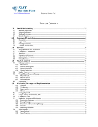 www.FASTBusinessPlans.com

Restaurant Business Plan

TABLE OF CONTENTS
1.0

Executive Summary ........................................................................................................... 5

1.1
1.2
1.3
1.4

2.0

Business Objectives .....................................................................................................................................5
Mission Statement ........................................................................................................................................5
Guiding Principles ........................................................................................................................................6
Keys to Success ............................................................................................................................................6

Company Description ........................................................................................................ 6

2.1
2.2
2.3
2.4

3.0

Ownership ....................................................................................................................................................7
Legal Form ...................................................................................................................................................7
Start-Up Summary .......................................................................................................................................7
Location and Facilities .................................................................................................................................7

Services................................................................................................................................ 8

3.1
3.2
3.3
3.4
3.5
3.6

4.0

Daily Operations and Production .................................................................................................................8
Competitive Comparison .............................................................................................................................8
Suppliers ......................................................................................................................................................9
Management Controls ..................................................................................................................................9
Administrative Systems ............................................................................................................................. 10
Future Services ........................................................................................................................................... 10

Market Analysis ............................................................................................................... 10

4.1
4.1.1
4.1.2
4.1.3
4.1.4
4.2
4.3
4.3.1
4.3.2
4.3.3
4.4

5.0

Industry Analysis ....................................................................................................................................... 11
Market Size ............................................................................................................................................ 12
Industry Participants .............................................................................................................................. 12
Main Competitors .................................................................................................................................. 12
Market Segments ................................................................................................................................... 13
Market Tests ............................................................................................................................................... 14
Target Market Segment Strategy................................................................................................................ 14
Market Needs ......................................................................................................................................... 14
Market Trends ........................................................................................................................................ 14
Market Growth....................................................................................................................................... 15
Positioning ................................................................................................................................................. 15

Marketing Strategy and Implementation ...................................................................... 15

5.1.1
5.1.2
5.1.3
5.1.4
5.2
5.3
5.4
5.5
5.5.1
5.5.2
5.5.3
5.5.4
5.5.5
5.6
5.6.1
5.6.2

Strengths ................................................................................................................................................ 16
Weaknesses ............................................................................................................................................ 16
Opportunities ......................................................................................................................................... 16
Threats ................................................................................................................................................... 16
Strategy Pyramid ........................................................................................................................................ 17
Unique Selling Proposition (USP) ............................................................................................................. 17
Competitive Edge ....................................................................................................................................... 17
Marketing Strategy and Positioning ........................................................................................................... 18
Positioning Statement ............................................................................................................................ 18
Pricing Strategy ..................................................................................................................................... 18
Promotion and Advertising Strategy ...................................................................................................... 19
Website .................................................................................................................................................. 19
Marketing Programs .............................................................................................................................. 19
Sales Strategy ............................................................................................................................................. 19
Sales Forecast ........................................................................................................................................ 20
Sales Programs....................................................................................................................................... 20

3

 