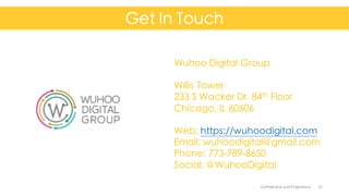 Confidential	
  and	
  Proprietary	
   31
Get In Touch
Wuhoo Digital Group
Willis Tower
233 S Wacker Dr. 84th Floor
Chicago, IL 60606
Web: https://wuhoodigital.com
Email: wuhoodigital@gmail.com
Phone: 773-789-8650
Social: @WuhooDigital
 