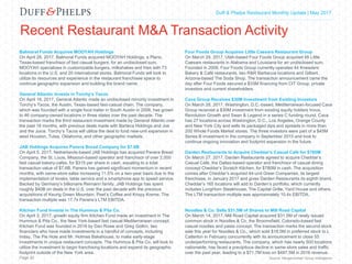 Capital Markets Industry Insights | Q1 2016Duff & Phelps Restaurant Monthly Update | May 2017
Recent Restaurant M&A Transaction Activity
Balmoral Funds Acquires MOOYAH Holdings
On April 28, 2017, Balmoral Funds acquired MOOYAH Holdings, a Plano,
Texas-based franchisor of fast casual burgers, for an undisclosed sum.
MOOYAH specializes in customizable burgers, milkshakes and fries with 73
locations in the U.S. and 20 international stores. Balmoral Funds will look to
utilize its resources and experience in the restaurant franchisee space to
continue geographic expansion and building the brand name.
General Atlantic Invests in Torchy’s Tacos
On April 18, 2017, General Atlantic made an undisclosed minority investment in
Torchy’s Tacos, the Austin, Texas-based fast-casual chain. The company,
which was founded with a single food trailer in South Austin in 2006, has grown
to 46 company-owned locations in three states over the past decade. The
transaction marks the third restaurant investment made by General Atlantic over
the past 18 months, with previous deals made with Barteca Holdings and Joe
and the Juice. Torchy’s Tacos will utilize the deal to fund new-unit expansion in
west Houston, Tulsa, Oklahoma, and other geographic markets.
JAB Holdings Acquires Panera Bread Company for $7.6B
On April 5, 2017, Netherlands-based JAB Holdings has acquired Panera Bread
Company, the St. Louis, Missouri-based operator and franchisor of over 2,000
fast casual bakery-cafes, for $315 per share in cash, equating to a total
transaction value of $7.6B. Panera has gained significant momentum in recent
months, with same-store sales increasing 11.5% on a two-year basis due to the
implementation of kiosks, table service and a smartphone app to speed service.
Backed by Germany’s billionaire Reimann family, JAB Holdings has spent
roughly $40B on deals in the U.S. over the past decade with the previous
acquisitions of Keurig Green Mountain, Peet’s Coffee and Krispy Kreme. The
transaction multiple was 17.7x Panera’s LTM EBITDA.
Kitchen Fund Invests in The Hummus & Pita Co.
On April 3, 2017, growth equity firm Kitchen Fund made an investment in The
Hummus & Pita Co., the New York-based fast casual Mediterranean concept.
Kitchen Fund was founded in 2016 by Dan Rowe and Greg Golkin, two
financiers who have made investments in a handful of concepts, including
Inday, The Pie Hole and Mr. Holmes Bakehouse, to make early-stage
investments in unique restaurant concepts. The Hummus & Pita Co. will look to
utilize the investment to begin franchising locations and expand its geographic
footprint outside of the New York area.
Source: Mergermarket Group IntelligencePage 20
Four Foods Group Acquires Little Caesars Restaurant Group
On March 29, 2017, Utah-based Four Foods Group acquired 48 Little
Caesars restaurants in Alabama and Louisiana for an undisclosed sum.
Founded in 2008, Four Foods Group currently operates 44 Kneaders
Bakery & Café restaurants, two R&R Barbecue locations and Gilbert,
Arizona-based The Soda Shop. The transaction announcement came the
day after Four Foods secured a $33M financing from CIT Group, private
investors and current shareholders.
Cava Group Receives $30M Investment from Existing Investors
On March 28, 2017, Washington, D.C.-based, Mediterranean-focused Cava
Group received a $30M investment from existing equity holders Invus,
Revolution Growth and Swan & Legend in a series C funding round. Cava
has 27 locations across Washington, D.C., Los Angeles, Orange County
and New York City and sells its packaged dips and spreads in more than
200 Whole Foods Market stores. The three investors were part of a $45M
Series B investment in the company in September 2015 and look to
continue ongoing innovation and footprint expansion in the future.
Darden Restaurants to Acquire Cheddar’s Casual Café for $780M
On March 27, 2017, Darden Restaurants agreed to acquire Cheddar’s
Casual Café, the Dallas-based operator and franchisor of casual dining
concept Cheddar’s Scratch Kitchen, for $780M in cash. The acquisition
comes after Cheddar’s acquired 44-unit Greer Companies, its largest
franchisee, in January 2017 and gives Darden Restaurants its eighth brand.
Cheddar’s 165 locations will add to Darden’s portfolio, which currently
includes LongHorn Steakhouse, The Capital Grille, Yard House and others.
The LTM transaction multiple was approximately 10.4x EBITDA.
Noodles & Co. Sells $31.5M of Shares to Mill Road Capital
On March 14, 2017, Mill Road Capital acquired $31.5M of newly issued
common stock in Noodles & Co, the Broomsfield, Colorado-based fast
casual noodles and pasta concept. The transaction marks the second stock
sale this year for Noodles & Co., which sold $18.5M in preferred stock to L
Catterton in February concurrently with its announcement to close 55
underperforming restaurants. The company, which has nearly 500 locations
nationwide, has faced a precipitous decline in same-store sales and traffic
over the past year, leading to a $71.7M loss on $487.5M in 2016 revenue.
 