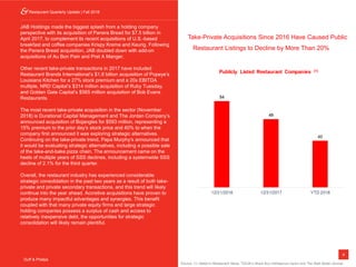 4
Restaurant Monthly Update | January 2018
Duff & Phelps
JAB Holdings made the biggest splash from a holding company
perspective with its acquisition of Panera Bread for $7.5 billion in
April 2017, to complement its recent acquisitions of U.S.-based
breakfast and coffee companies Krispy Kreme and Keurig. Following
the Panera Bread acquisition, JAB doubled down with add-on
acquisitions of Au Bon Pain and Pret A Manger.
Other recent take-private transactions in 2017 have included
Restaurant Brands International’s $1.8 billion acquisition of Popeye’s
Louisiana Kitchen for a 27% stock premium and a 20x EBITDA
multiple, NRD Capital’s $314 million acquisition of Ruby Tuesday,
and Golden Gate Capital’s $565 million acquisition of Bob Evans
Restaurants.
The most recent take-private acquisition in the sector (November
2018) is Durational Capital Management and The Jordan Company’s
announced acquisition of Bojangles for $593 million, representing a
15% premium to the prior day’s stock price and 40% to when the
company first announced it was exploring strategic alternatives.
Continuing on the take-private trend, Papa Murphy’s announced that
it would be evaluating strategic alternatives, including a possible sale
of the take-and-bake pizza chain. The announcement came on the
heels of multiple years of SSS declines, including a systemwide SSS
decline of 2.1% for the third quarter.
Overall, the restaurant industry has experienced considerable
strategic consolidation in the past two years as a result of both take-
private and private secondary transactions, and this trend will likely
continue into the year ahead. Accretive acquisitions have proven to
produce many impactful advantages and synergies. This benefit
coupled with that many private equity firms and large strategic
holding companies possess a surplus of cash and access to
relatively inexpensive debt, the opportunities for strategic
consolidation will likely remain plentiful.
Restaurant Quarterly Update | Fall 2018
Duff & Phelps
Source: (1) Nation’s Restaurant News, TDn2K’s Black Box Intelligence report and The Wall Street Journal.
Take-Private Acquisitions Since 2016 Have Caused Public
Restaurant Listings to Decline by More Than 20% Front
and Center
 