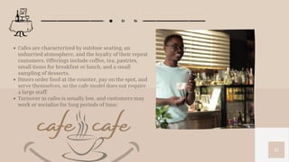 14
Cafes are characterized by outdoor seating, an
unhurried atmosphere, and the loyalty of their repeat
customers. Offerings include coffee, tea, pastries,
small items for breakfast or lunch, and a small
sampling of desserts.
Diners order food at the counter, pay on the spot, and
serve themselves, so the cafe model does not require
a large staff.
Turnover in cafes is usually low, and customers may
work or socialize for long periods of time.
cafe cafe
 