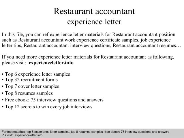 restaurant accountant experience letter restaurant experience resume sample