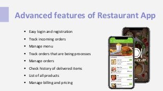 Advanced features of Restaurant App
 Easy login and registration
 Track incoming orders
 Manage menu
 Track orders that are being processes
 Manage orders
 Check history of delivered items
 List of all products
 Manage billing and pricing
 