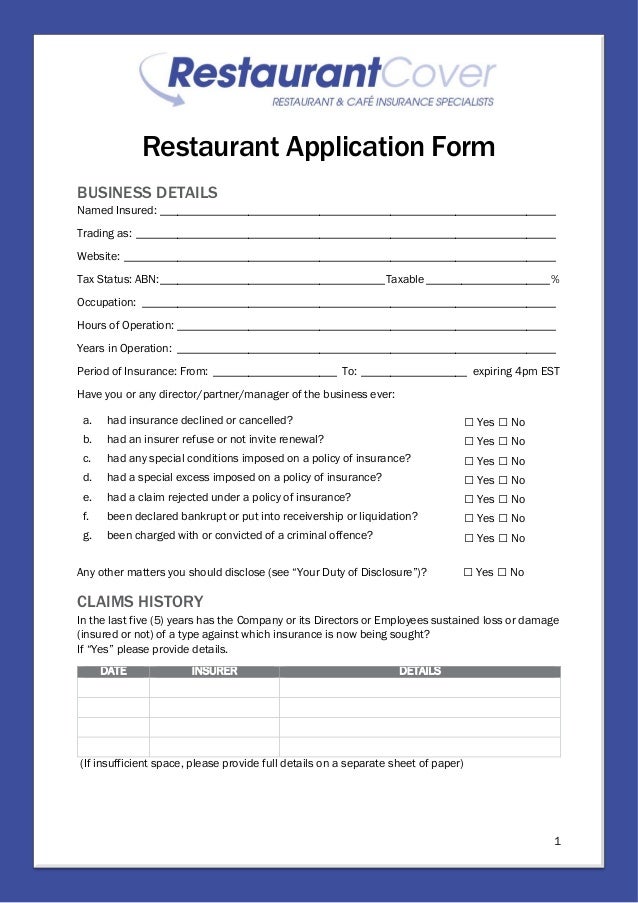restaurant application form restaurant cover insurance
