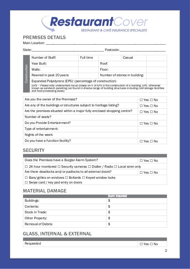 restaurant application form restaurant cover insurance