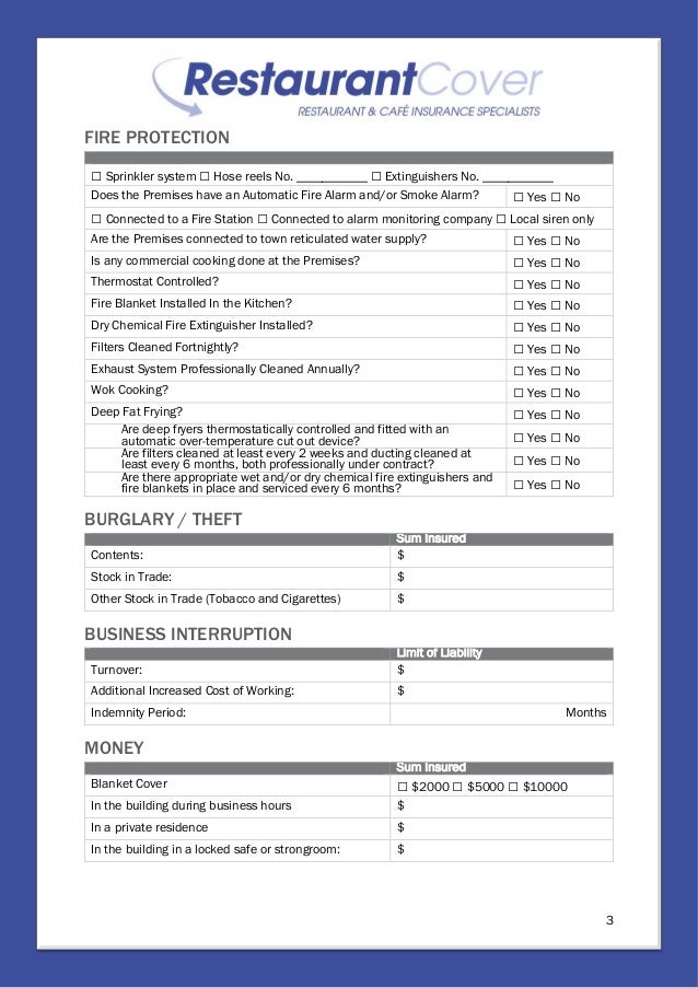 restaurant application form restaurant cover insurance
