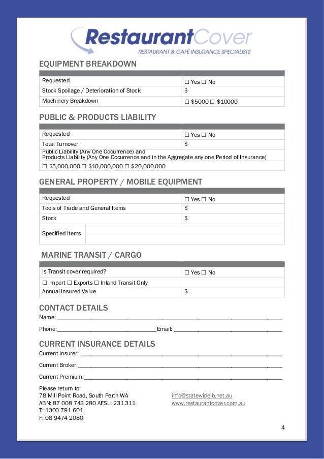 restaurant application form restaurant cover insurance