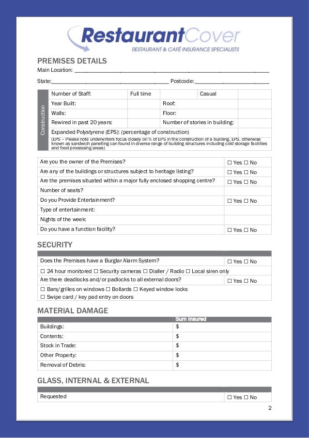 restaurant cover application form