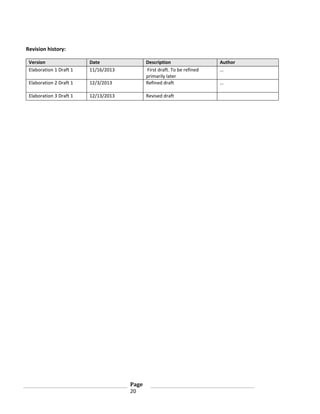 Revision history:
Version
Elaboration 1 Draft 1

Date
11/16/2013

Elaboration 2 Draft 1

12/3/2013

Description
First draft. To be refined
primarily later
Refined draft

Elaboration 3 Draft 1

12/13/2013

Revised draft

Page
20

Author
…
…

 