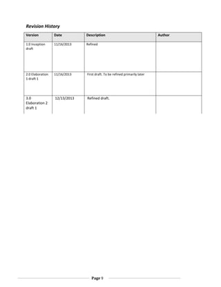Revision History
Version

Date

Description

1.0 Inception
draft

11/16/2013

Refined

2.0 Elaboration
1 draft 1

11/16/2013

First draft. To be refined primarily later

3.0
Elaboration 2
draft 1

12/13/2013

Refined draft.

Page 9

Author

 