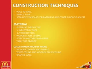 CONSTRUCTION TECHNIQUES
• WALL TO WALL
• SIMPLE PLAN
• SEPARATE STAIRCASE FOR BASEMENT AND OTHER FLOOR TO ACCESS
MATERIAL
• DIFFERENT TYPE OF TILE
1. INDUSTRIAL TILES
2. VITRIFIED TILES
• WOODEN FALSE CEILING
• STEEL FRAME TABLE AND CHAIR
• TABLE TOP GRANITE
COLOR COMBINATION OR THEME
• WOODEN TEXTURE AND PURPLE
• WHITE CEILING AND WOODEN FALSE CEILING
• GRAPHIC WALL
 