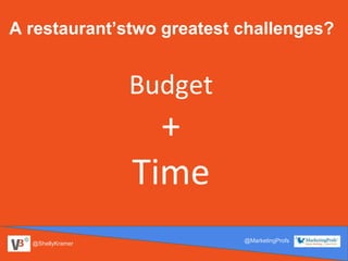 @ShellyKramer
@MarketingProfs
A restaurant’stwo greatest challenges?
Budget
+
Time
 