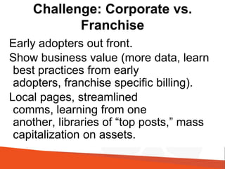 Challenge: Corporate vs.
Franchise
Early adopters out front.
Show business value (more data, learn
best practices from early
adopters, franchise specific billing).
Local pages, streamlined
comms, learning from one
another, libraries of “top posts,” mass
capitalization on assets.
@shellykramer
 