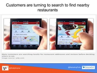 @ShellyKramer
@MarketingProfs
Customers are turning to search to find nearby
restaurants
 