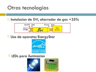 Otras tecnologias Instalacion de SVI, ahorrador de gas +35% Uso de aparatos EnergyStar LEDs para iluminacion 