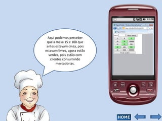 Aqui podemos perceber que a mesa 15 e 100 que antes estavam cinza, pois estavam livres, agora estão verdes, pois estão com clientes consumindo mercadorias. 