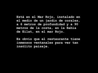 Está en el Mar Rojo, instalado en el medio de un jardín de corales, a 6 metros de profundidad y a 90 metros de la costa, en la Bahía de Eilat, en el mar Rojo. Es obvio que el restaurante tiene inmensos ventanales para ver tan insólito paisaje.
