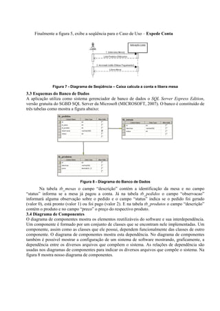 Finalmente a figura 5, exibe a seqüência para o Caso de Uso – Expede Conta
Figura 7 - Diagrama de Seqüência – Caixa calcula a conta e libera mesa
3.3 Esquemas do Banco de Dados
A aplicação utiliza como sistema gerenciador de banco de dados o SQL Server Express Edition,
versão gratuita do SGBD SQL Server da Microsoft (MICROSOFT, 2007). O banco é constituído de
três tabelas como mostra a figura abaixo:
Figura 8 - Diagrama do Banco de Dados
Na tabela tb_mesas o campo “descrição” contém a identificação da mesa e no campo
“status” informa se a mesa já pagou a conta. Já na tabela tb_pedidos o campo “observacao”
informará alguma observação sobre o pedido e o campo “status” indica se o pedido foi gerado
(valor 0), está pronto (valor 1) ou foi pago (valor 2). E na tabela tb_produtos o campo “descrição”
contém o produto e no campo “preco” o preço do respectivo produto.
3.4 Diagrama de Componentes
O diagrama de componentes mostra os elementos reutilizáveis do software e sua interdependência.
Um componente é formado por um conjunto de classes que se encontram nele implementadas. Um
componente, assim como as classes que ele possui, dependem funcionalmente das classes de outro
componente. O diagrama de componentes mostra esta dependência. No diagrama de componentes
também é possível mostrar a configuração de um sistema de software mostrando, graficamente, a
dependência entre os diversos arquivos que compõem o sistema. As relações de dependência são
usadas nos diagramas de componentes para indicar os diversos arquivos que compõe o sistema. Na
figura 8 mostra nosso diagrama de componentes.
 