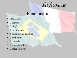 Funcionários 10 garçons 2 cumins 1  chef 2 cozinheiros 8 ajudantes de cozinha 2 faxineiras 1 contador 1 administrador 2 recepcionistas 