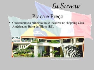 Praça e Preço O restaurante a princípio irá se localizar no shopping Città América, na Barra da Tijuca (RJ). Fonte: http://www.citta-america.com/ 