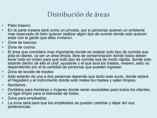 Distribución deáreas
• Patio trasero:
• En la parte trasera será como un privado, por si personas quieren un ambiente
mas reservado oh bien quieran realizar algún tipo de evento donde solo quieran
estar con la gente que ellos invitaron.
• Zona de bancos:
• Zona de cocina:
• El área que considero mas importante donde se realizar todo tipo de comida que
pida el cliente, va ser un área limpia, libre de contaminación donde todos deben
tener todo en orden para que todo tipo de comida sea de modo rápida, donde solo
estarán dentro de ella el chef, ayudante y el que lava los trastes, mesero, esto va
dependiendo por el la cantidad de personas que pueden ingresar.
• Zona de lavado de trastes:
• Solo estarán de una a dos personas depende que tanto este sucio, donde estará
el fregadero y el instrumento donde solo metes los trastes y salen limpios.
• Sanitarios:
• Divididos para hombres y mujeres donde serán accesibles para todos los clientes,
un ligar limpio para el bienestar de todos.
• Zona para empleados:
• La zona será para que los empleados se puedan cambiar y dejar ahí sus
pertenencias.
 