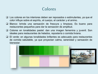 Colores
 Los colores en los interiores deben ser reposados o estimulantes, ya que el
color influye sobre el espíritu, el cuerpo, el carácter y el animo.
 Blanco: brinda una sensación de frescura y limpieza. Es bueno para
restaurantes pequeños para dar la sensación de amplitud.
 Colores en tonalidades pastel: dan una imagen femenina y juvenil. Son
ideales para restaurantes de helados, repostería o comida liviana.
 El verde: en algunas tonalidades brillantes es adecuado para restaurantes
de comida saludable, ya que proyectan calma, serenidad y sensación de
bienestar.
 