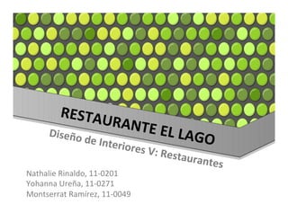 RESTAU
                    RA               NTE	
  EL
      	
   Diseño	
  d
       	
                                     	
  LAGO	
  
                       e	
  Interi
                                  ores	
  V:
                                             	
  Restaura
                                                         ntes	
  
Nathalie	
  Rinaldo,	
  11-­‐0201	
  
Yohanna	
  Ureña,	
  11-­‐0271	
  
Montserrat	
  Ramírez,	
  11-­‐0049	
  
 