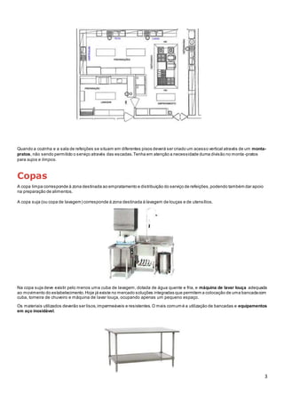 3
Quando a cozinha e a sala de refeições se situam em diferentes pisos deverá ser criado um acesso vertical através de um monta-
pratos, não sendo permitido o serviço através das escadas.Tenha em atenção a necessidade duma divisão no monta -pratos
para sujos e limpos.
Copas
A copa limpa corresponde à zona destinada ao empratamento e distribuição do serviço de refeições,podendo também dar apoio
na preparação de alimentos.
A copa suja (ou copa de lavagem) corresponde à zona destinada à lavagem de louças e de utensílios.
Na copa suja deve existir pelo menos uma cuba de lavagem, dotada de água quente e fria, e máquina de lavar louça adequada
ao movimento do estabelecimento.Hoje já existe no mercado soluções integradas que permitem a colocação de uma bancadacom
cuba, torneira de chuveiro e máquina de lavar louça, ocupando apenas um pequeno espaço.
Os materiais utilizados deverão ser lisos,impermeáveis e resistentes.O mais comum é a utilização de bancadas e equipamentos
em aço inoxidável.
 