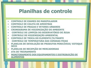 Planilhas de controle
• CONTROLE DE EXAMES DO MANIPULADOR
• CONTROLE DE COLETA DE AMOSTRAS
• CONTROLE DE PRAGAS E VETORES URBANOS
• CRONOGRAMA DE HIGIENIZAÇÃO DO AMBIENTE
• CONTROLE DE LIMPEZA DO RESERVATÓRIO DE ÁGUA
• CONTROLE DE HIGIENIZAÇÃO AMBIENTAL
• CONTROLE DE TROCA DO ELEMENTO FILTRANTE
• CONTROLE DE TEMPERATURA DAS CÂMARAS FRIAS
• PLANILHA DE DEVOLUÇÃO DE PRODUTOS PERECÍVEIS/ ESTOQUE
SECO
• PLANILHA DE RECEPÇÃO DE MERCADORIAS
• ATA DE TREINAMENTO
• MONITORAMENTO DOS EQUIPAMENTOS E DISTRIBUIÇÃO DE
ALIMENTOS
 