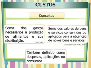 CUSTOS
Soma dos gastos
necessários à produção
de alimentos e sua
distribuição.
Conceitos
VAZ, 2002
Soma dos valores de bens
e serviços consumidos ou
aplicados para a obtenção
de novos bens e serviços.
ABREU, SPINELLI, PINTO, 2007
Também definido como
despesas, aplicações ou
consumos.
 